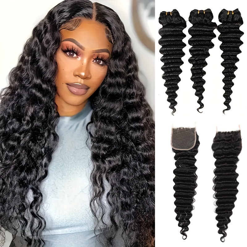 Deep Wave 3 Bundles With Closure - Бразильские волосы Deep Wave с кружевной